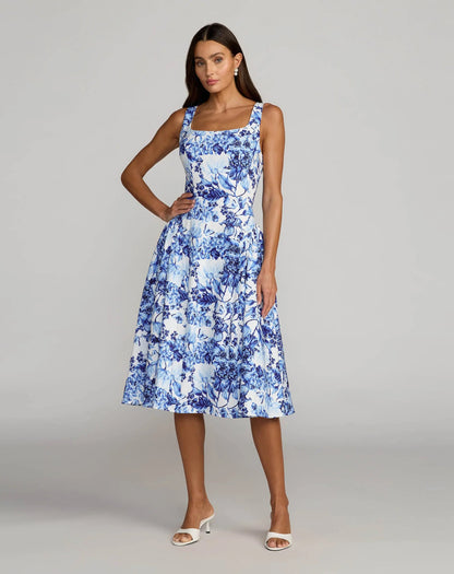 Blue Sleeveless Floral A-Line Midi Dress