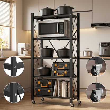 Space‑Saving Foldable Metal Shelving Unit, Freestanding Storage Rack with Lockable Rolling Casters