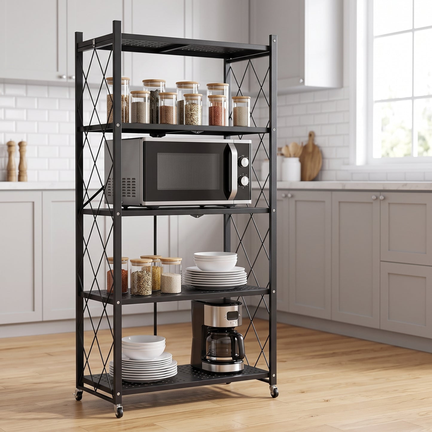 Space‑Saving Foldable Metal Shelving Unit, Freestanding Storage Rack with Lockable Rolling Casters
