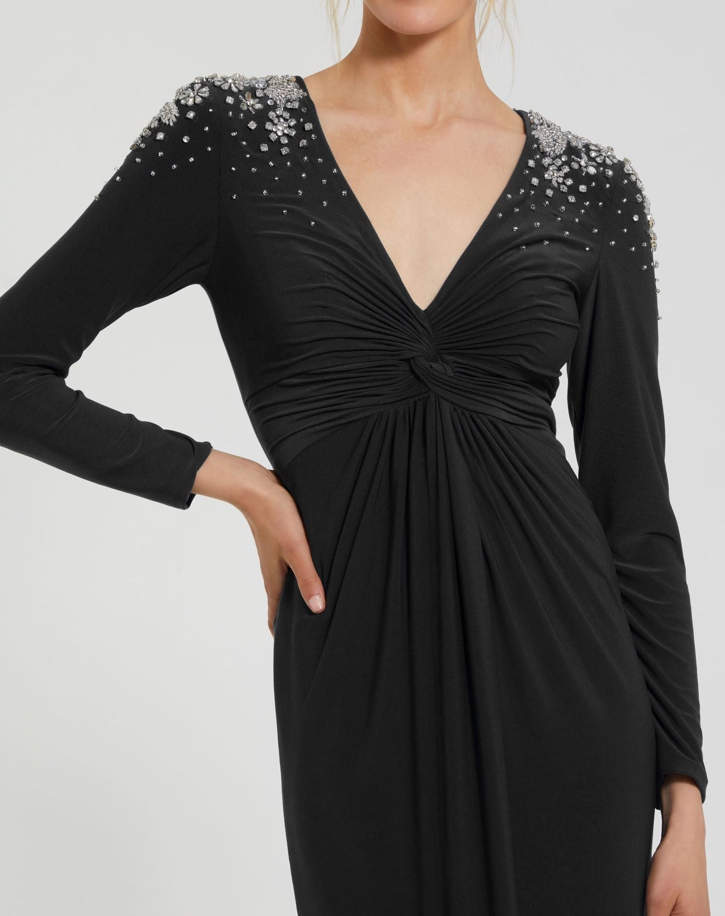 Black Jersey V-Neck Faux Knot Gown with Beaded Shoulders