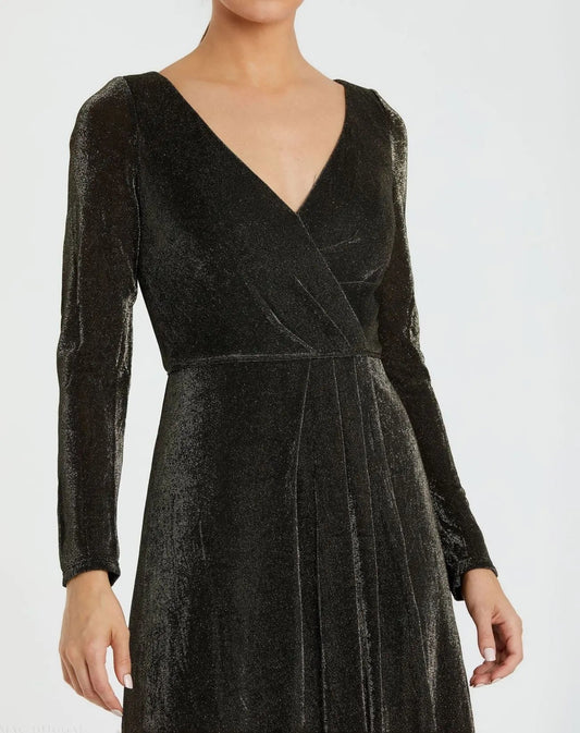 Black Long Sleeve Faux Wrap A Line Gown - FINAL SALE