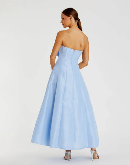 Blue Strapless A-Line Tea Length Statement Bow Dress