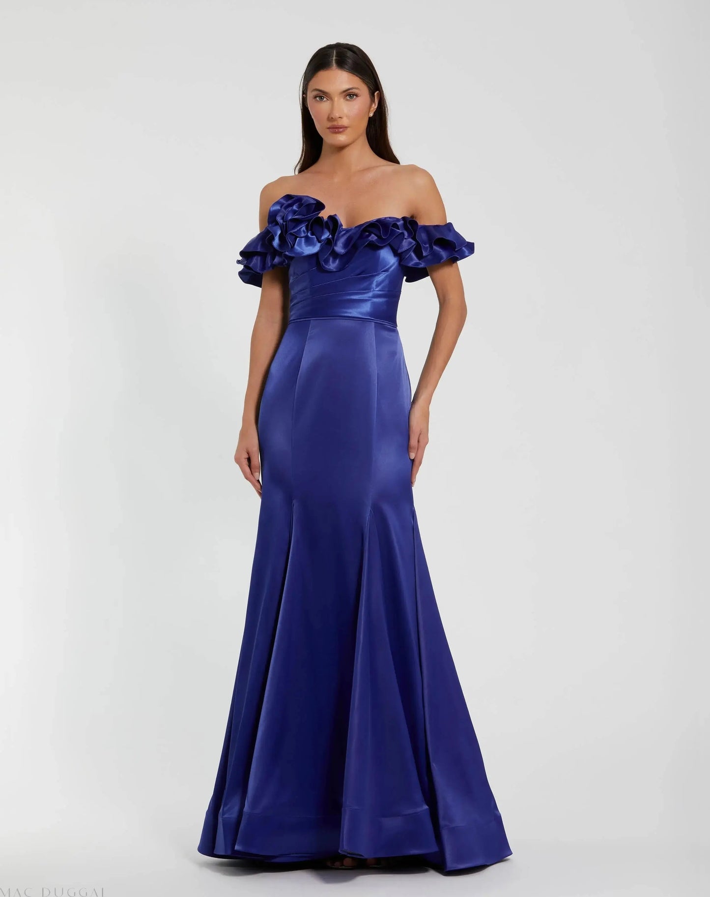 Blue Satin Ruffle Off the Shoulder Mermaid Gown - FINAL SALE