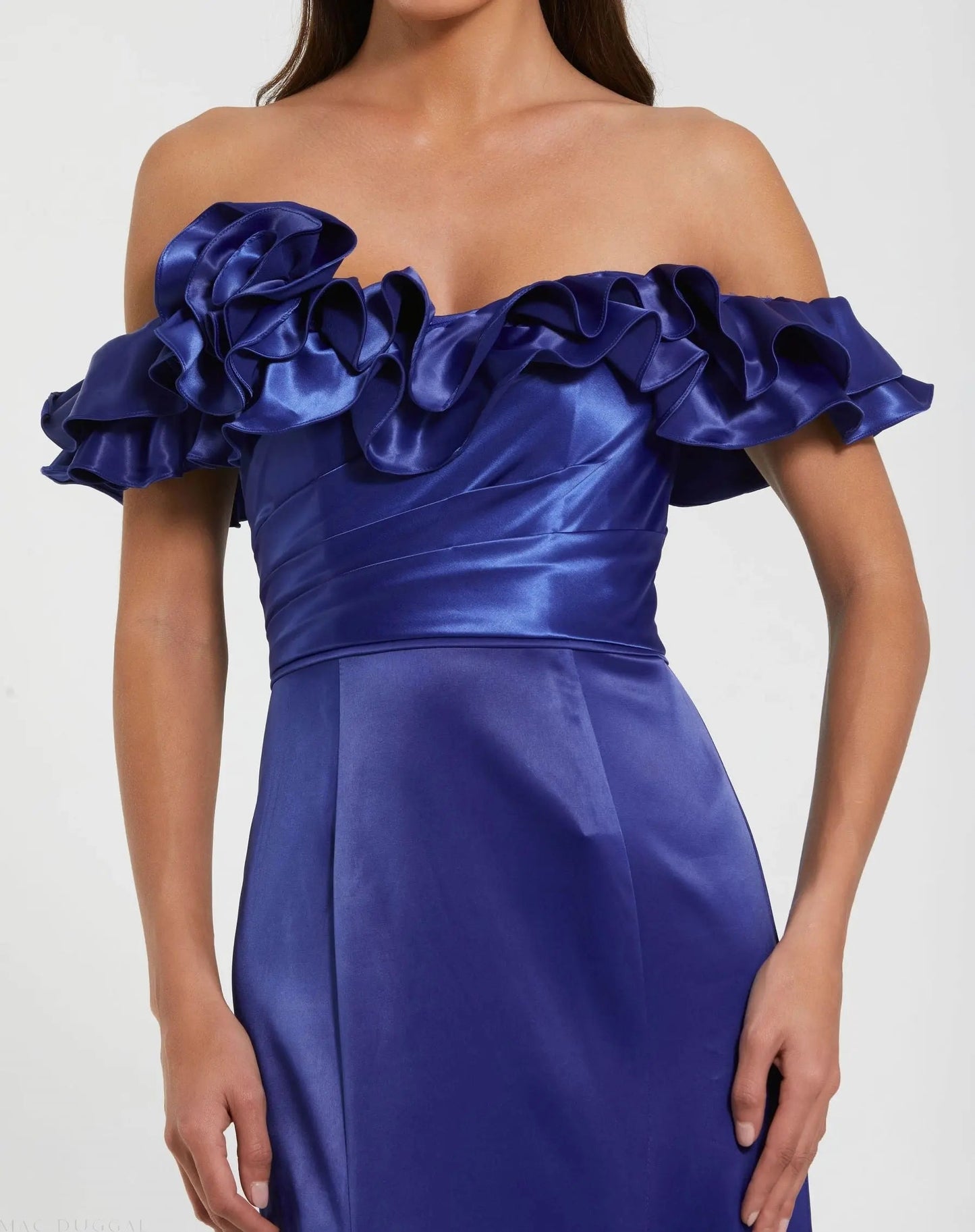 Blue Satin Ruffle Off the Shoulder Mermaid Gown - FINAL SALE