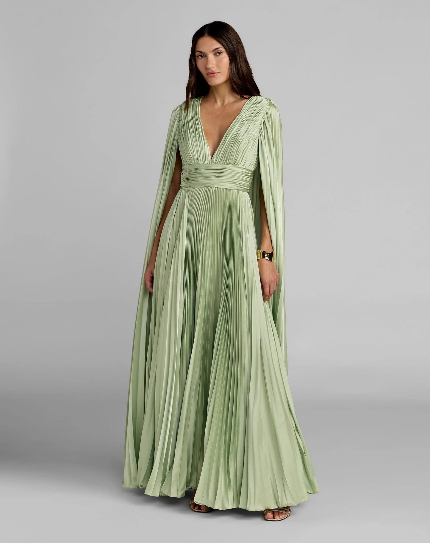 Light Green Pleated Charmeuse V Neck Gown With Cape
