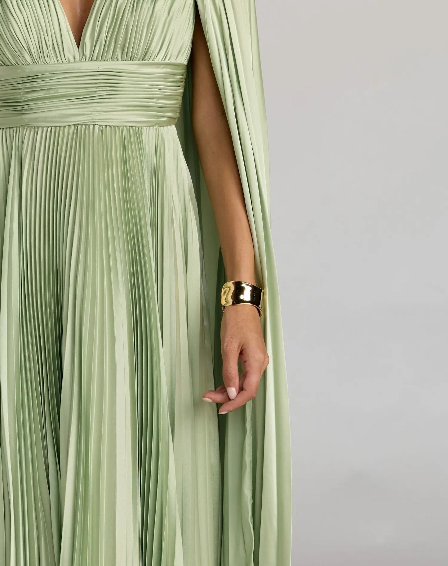 Light Green Pleated Charmeuse V Neck Gown With Cape