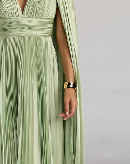 Light Green Pleated Charmeuse V Neck Gown With Cape