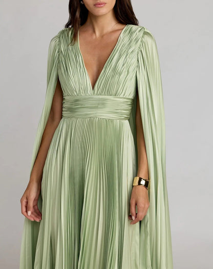 Light Green Pleated Charmeuse V Neck Gown With Cape