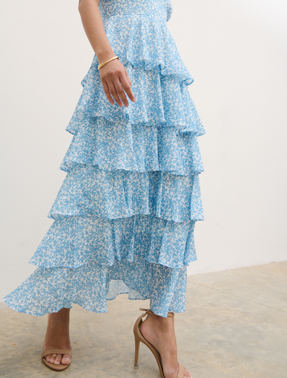 Lissy Ruffle Midaxi Dress - Blue Abstract