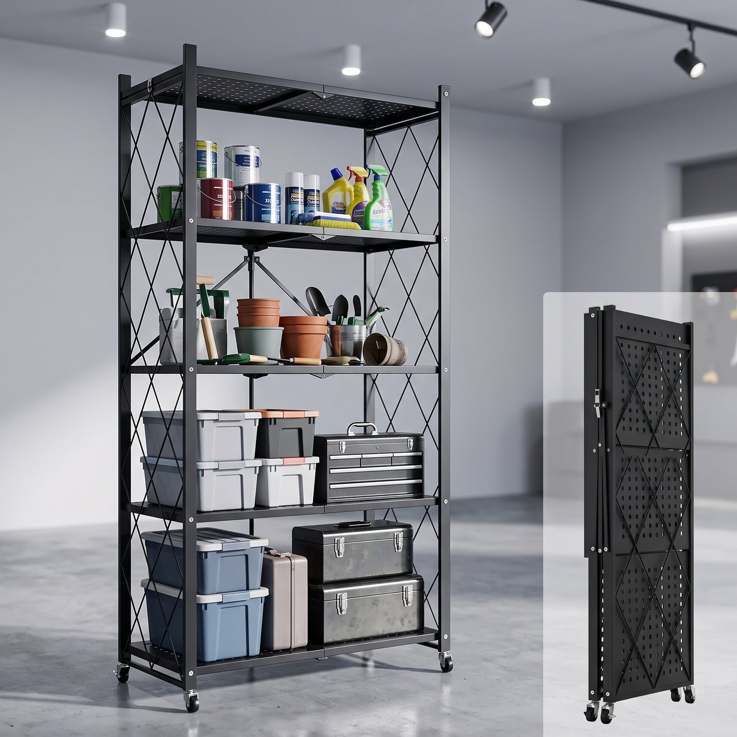 Space‑Saving Foldable Metal Shelving Unit, Freestanding Storage Rack with Lockable Rolling Casters