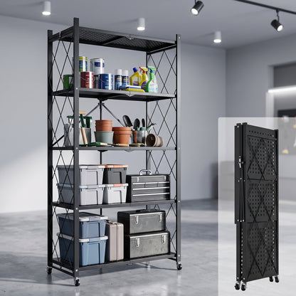 Space‑Saving Foldable Metal Shelving Unit, Freestanding Storage Rack with Lockable Rolling Casters