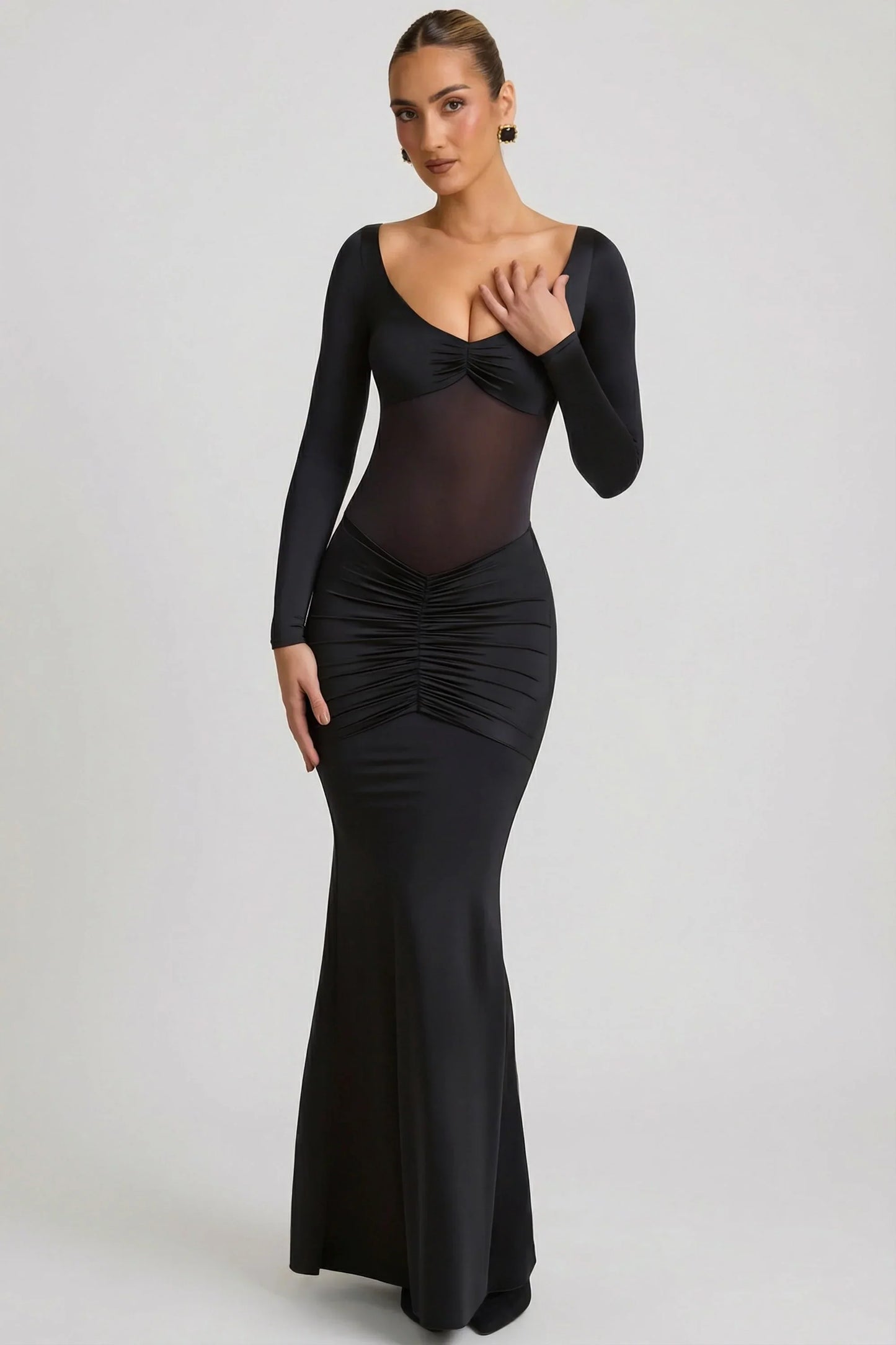 Bow-Detail Ruched Maxi Dress in Black
