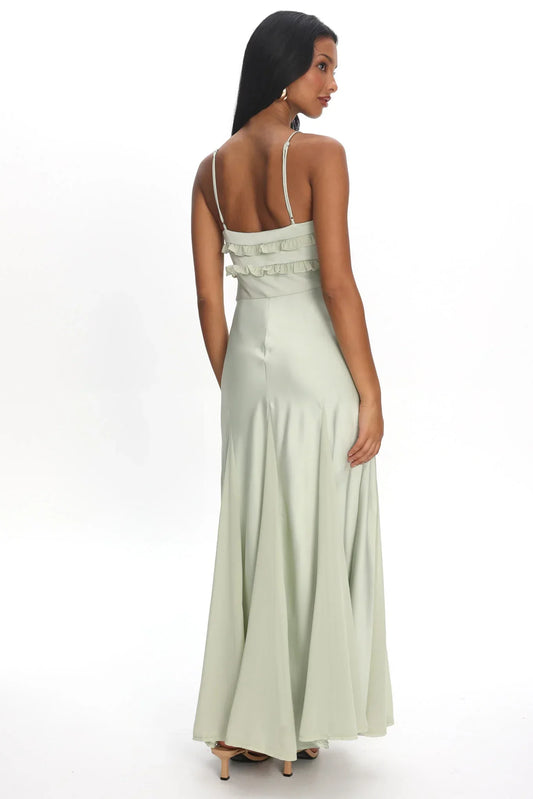 Caryn Frill Trim Godet Maxi Dress Sage