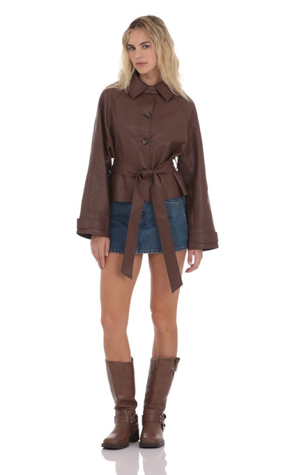 Belted Faux Leather Jacket in Black