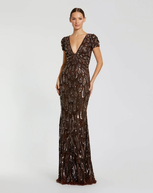 Brown Embellished Deep V Column Gown