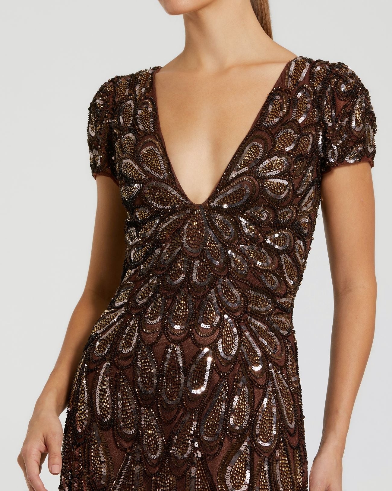 Brown Embellished Deep V Column Gown