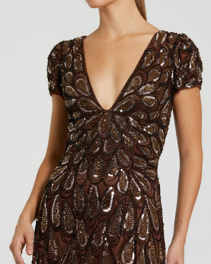 Brown Embellished Deep V Column Gown