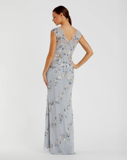 Light Blue Floral Embellished Cap Sleeve Column Gown