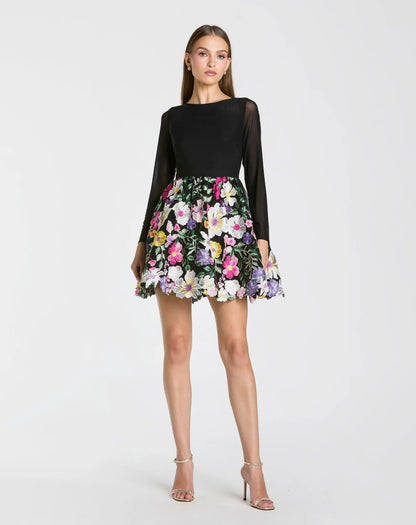 Black Long Sleeve Mini Dress With Floral Embroidery