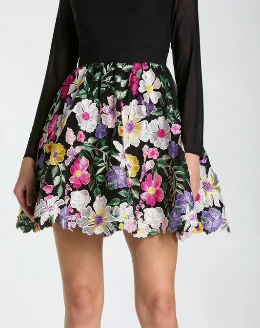 Black Long Sleeve Mini Dress With Floral Embroidery