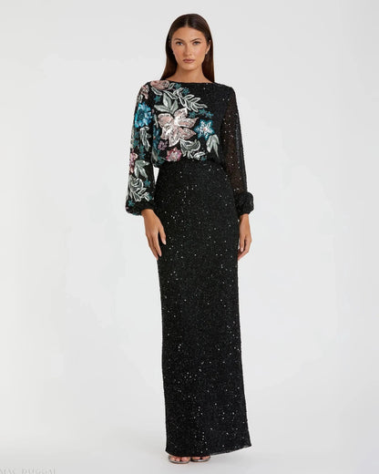 Black High Neck Long Sleeve Sequin Evening Gown