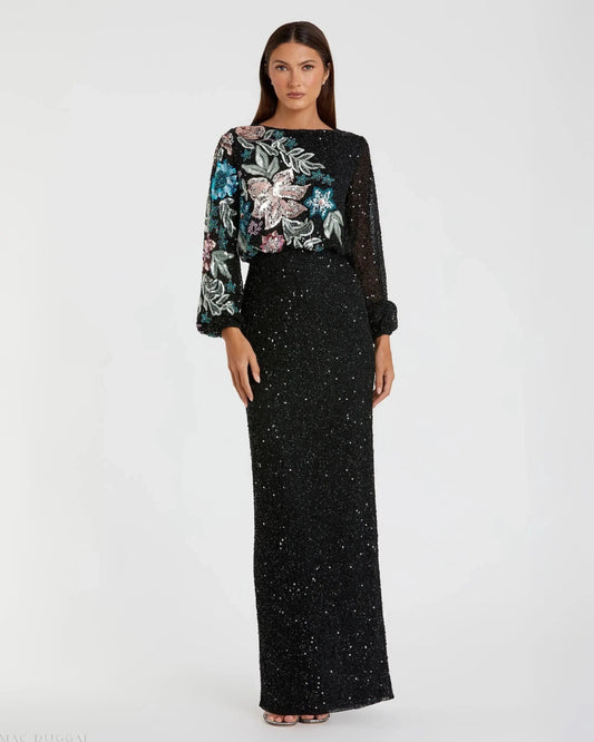 Black High Neck Long Sleeve Sequin Evening Gown