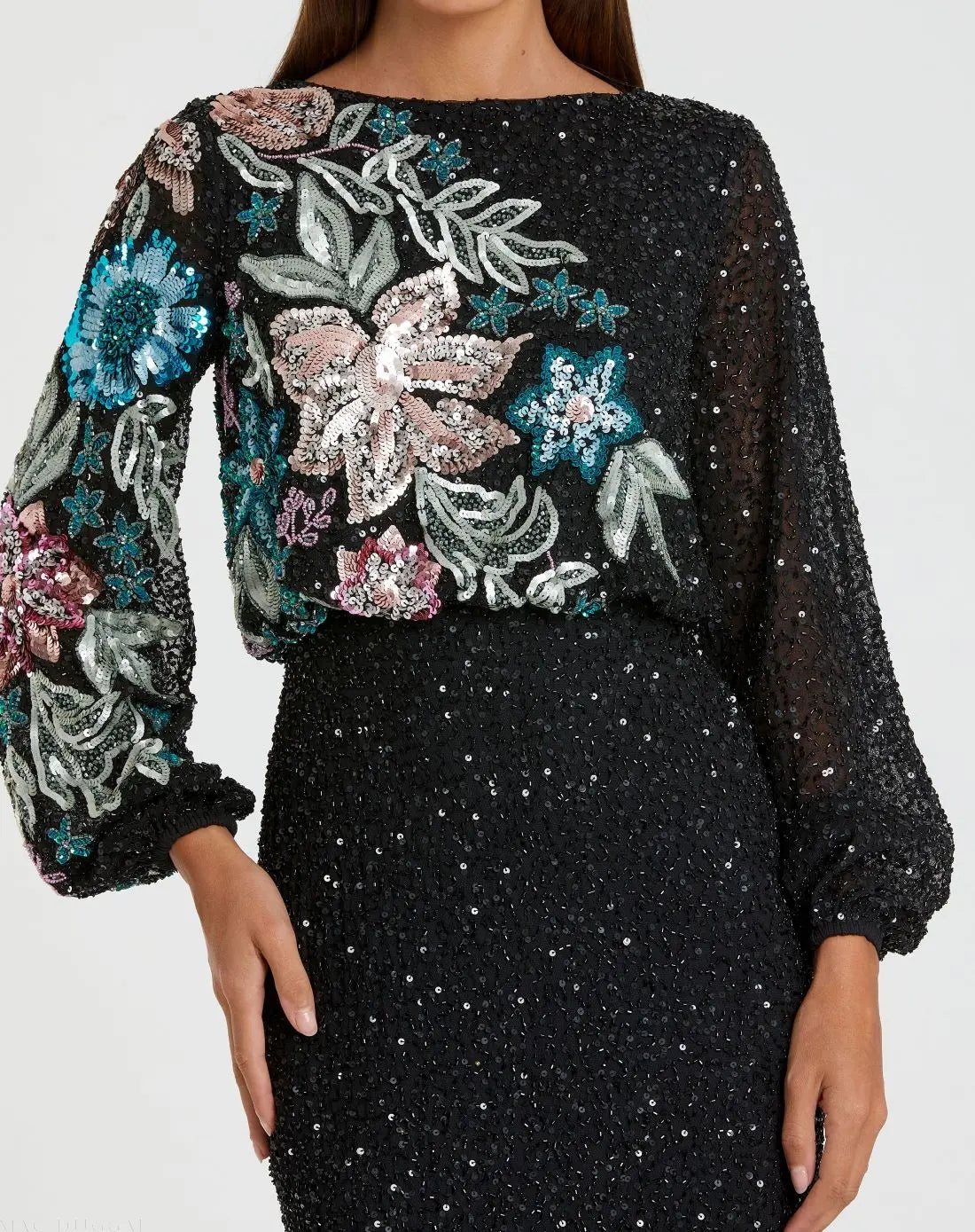 Black High Neck Long Sleeve Sequin Evening Gown