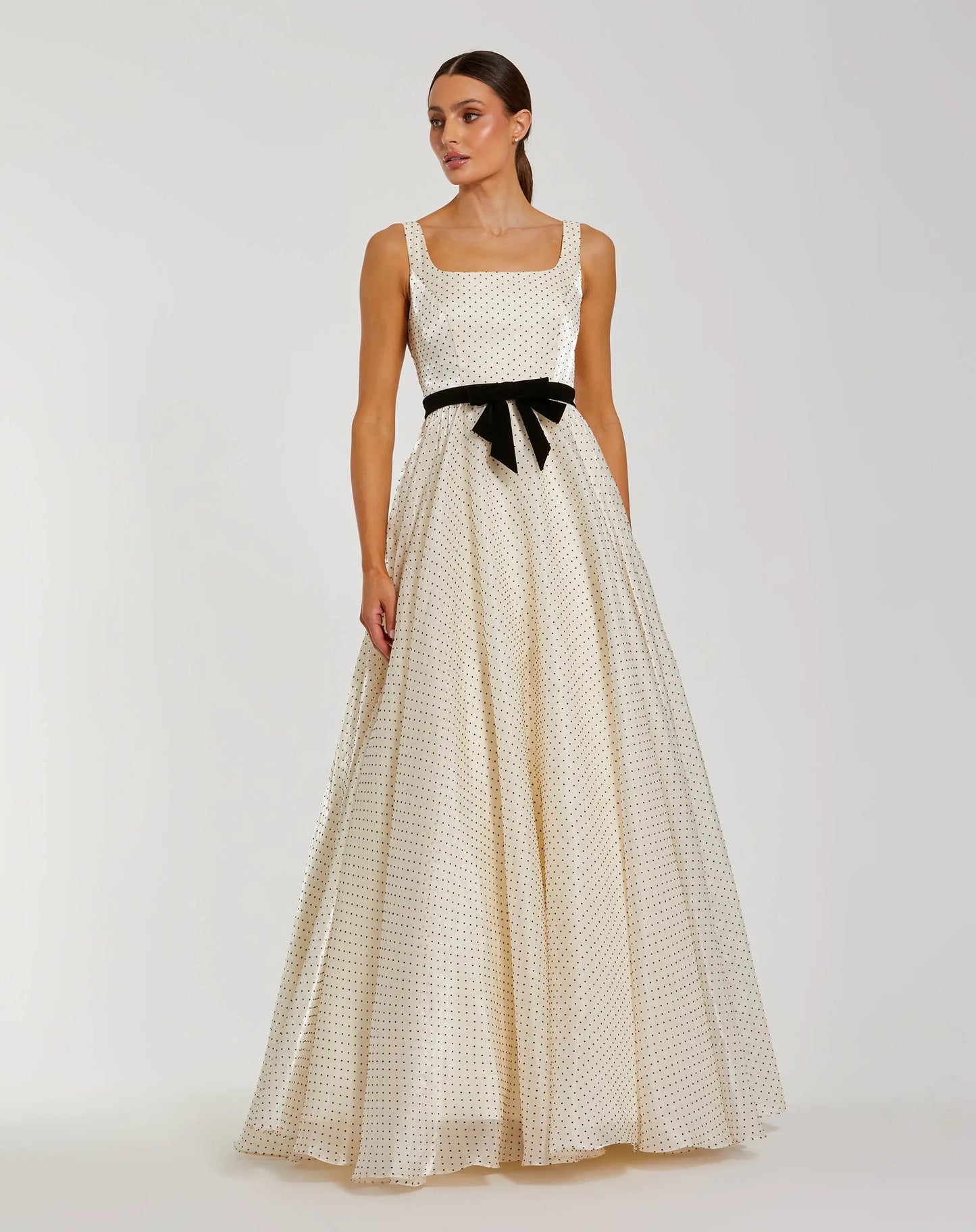 Ivory Polka Dot Square Neck Ball Gown With Bow