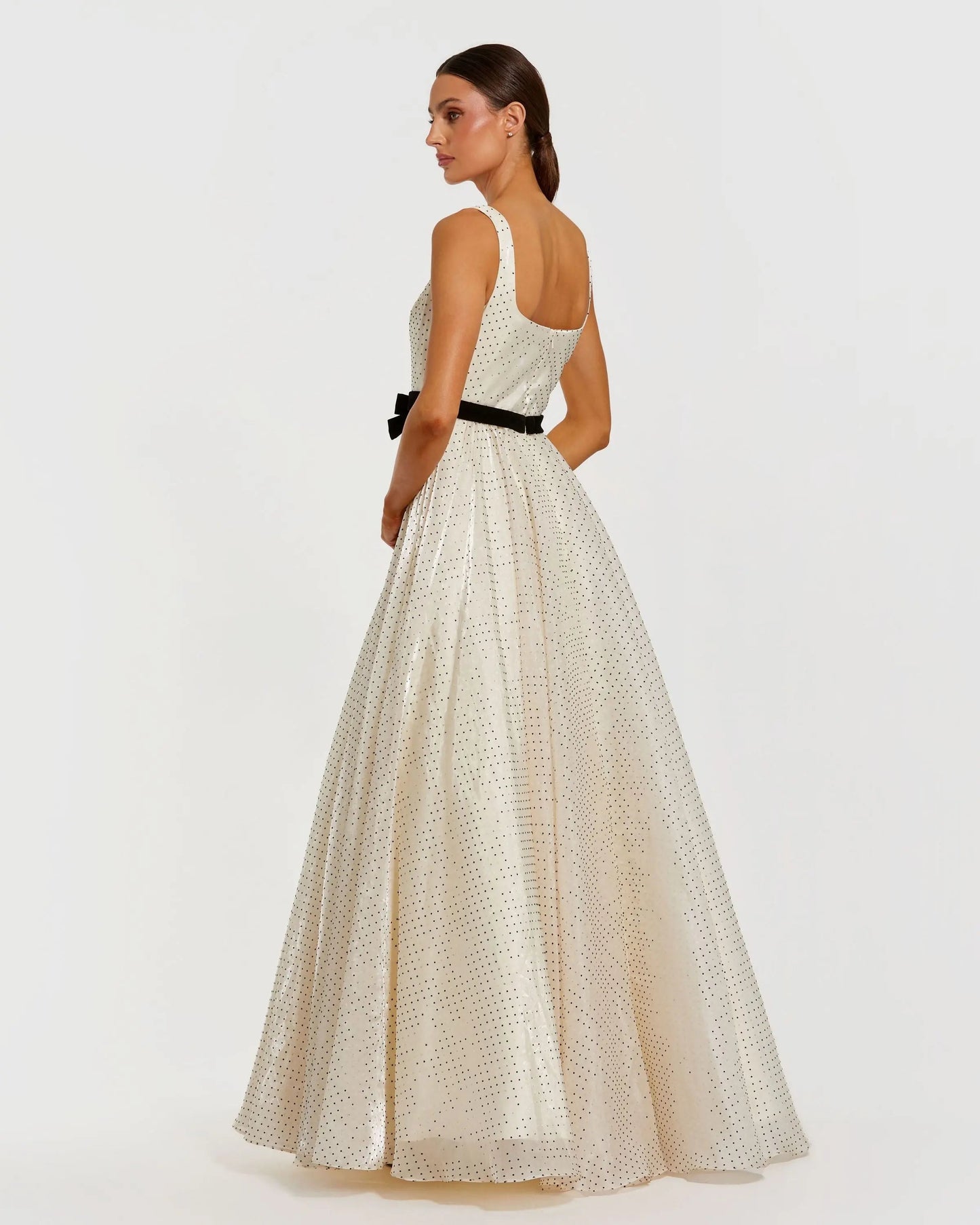 Ivory Polka Dot Square Neck Ball Gown With Bow
