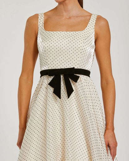 Ivory Polka Dot Square Neck Ball Gown With Bow