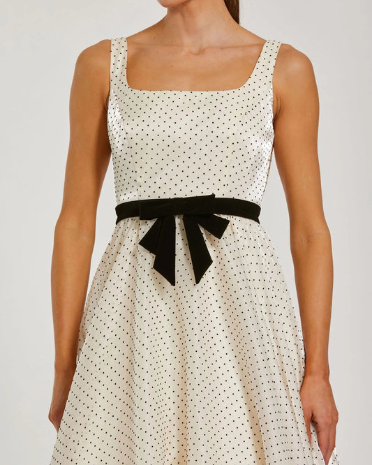 Ivory Polka Dot Square Neck Ball Gown With Bow