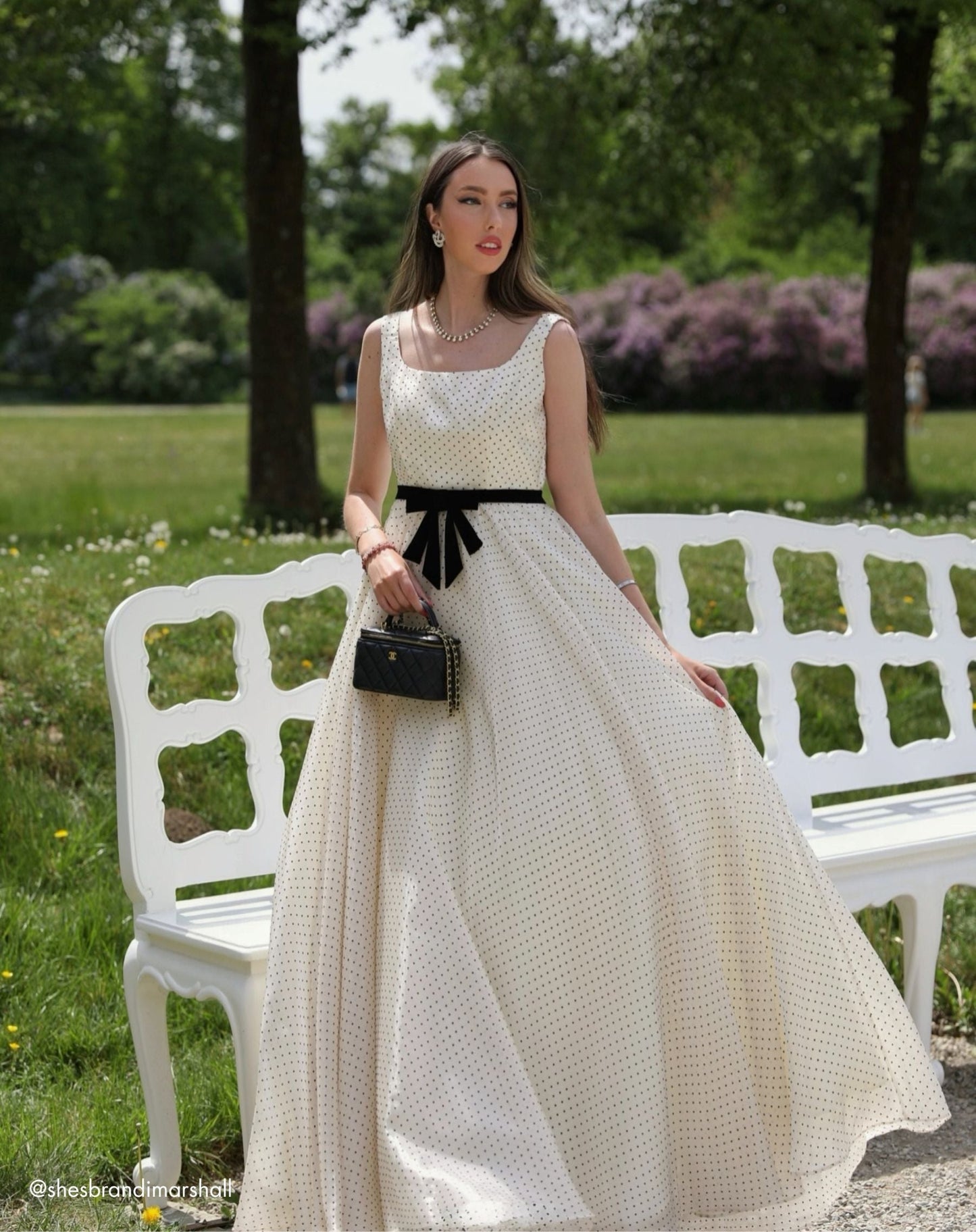 Ivory Polka Dot Square Neck Ball Gown With Bow