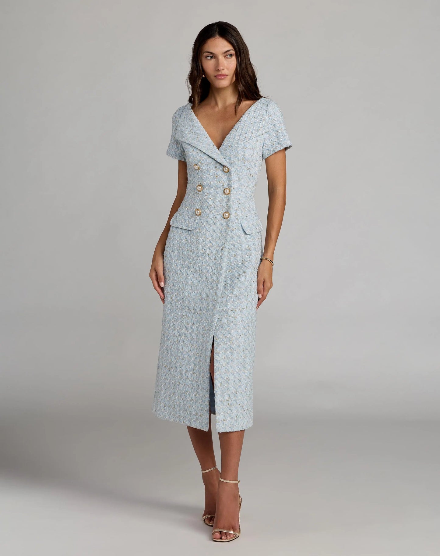 Blue Boucle Cap Sleeve Fitted Midi Dress