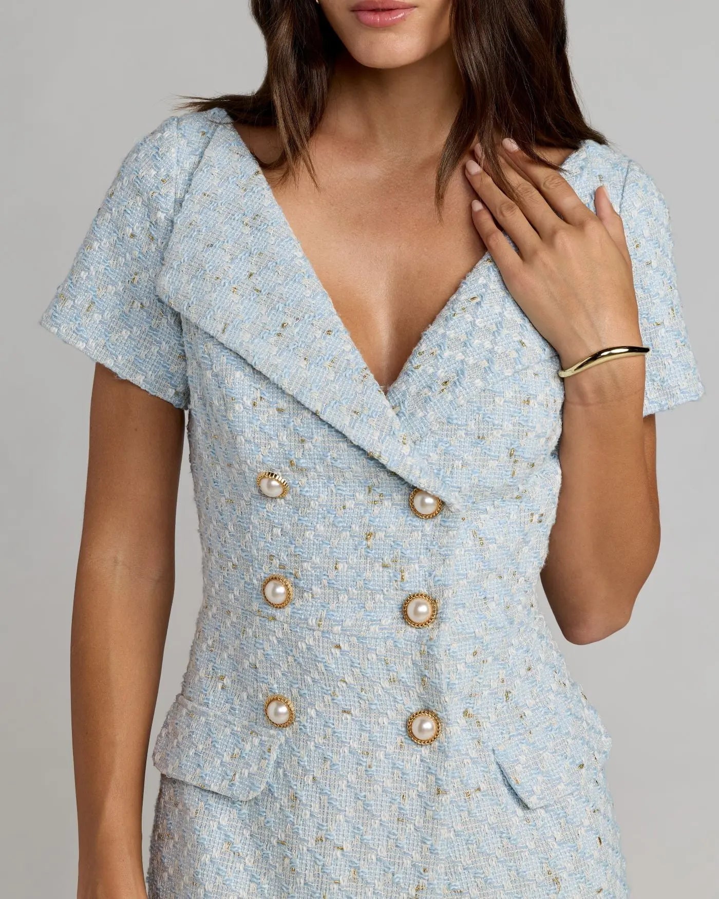 Blue Boucle Cap Sleeve Fitted Midi Dress