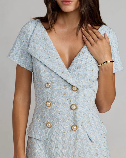 Blue Boucle Cap Sleeve Fitted Midi Dress