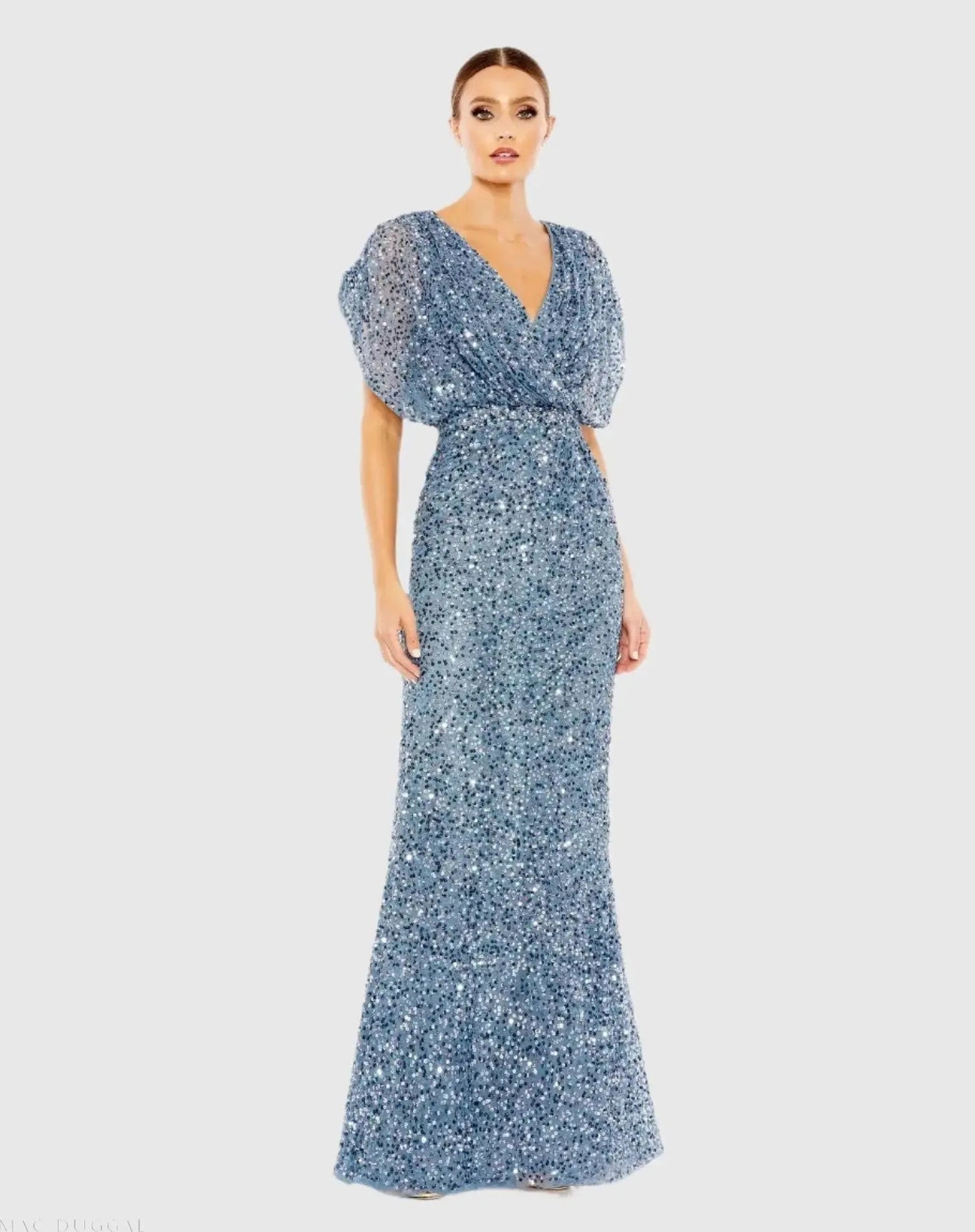 Blue Sequin Draped Sleeve V-Neck Gown