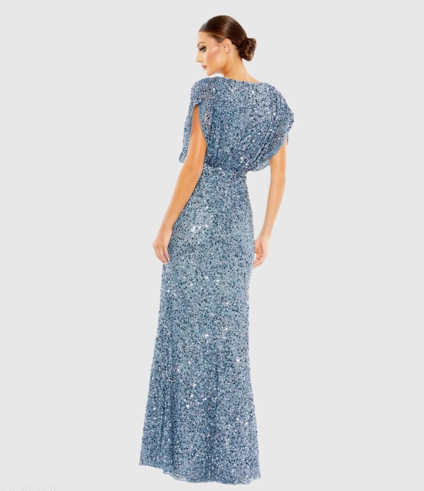 Blue Sequin Draped Sleeve V-Neck Gown