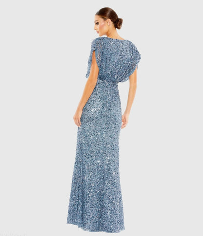 Blue Sequin Draped Sleeve V-Neck Gown