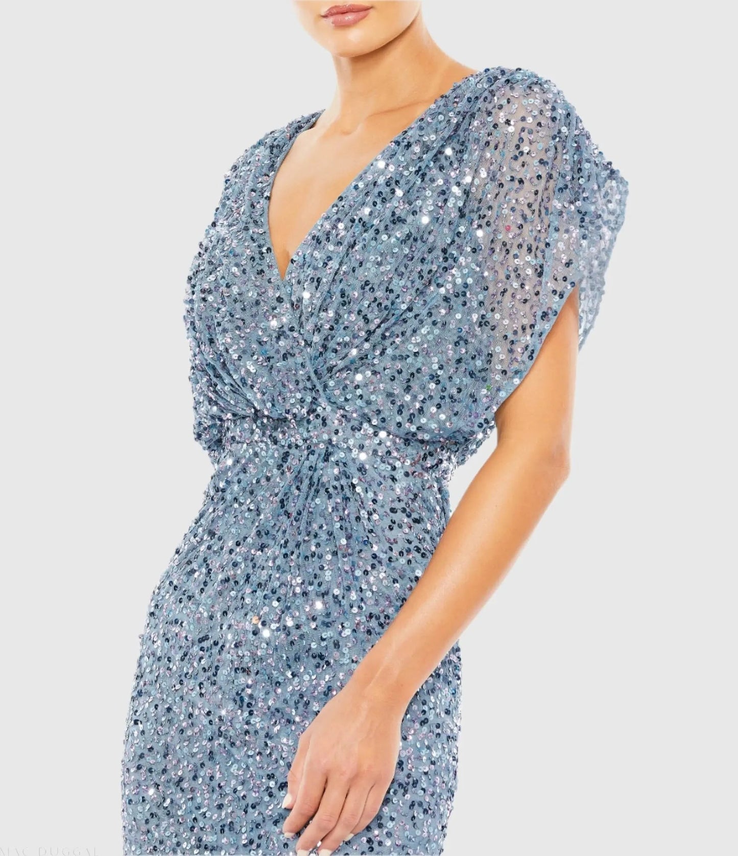 Blue Sequin Draped Sleeve V-Neck Gown
