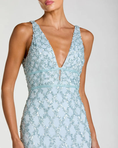 Blue Sequin Embellished Sleeveless Column Gown