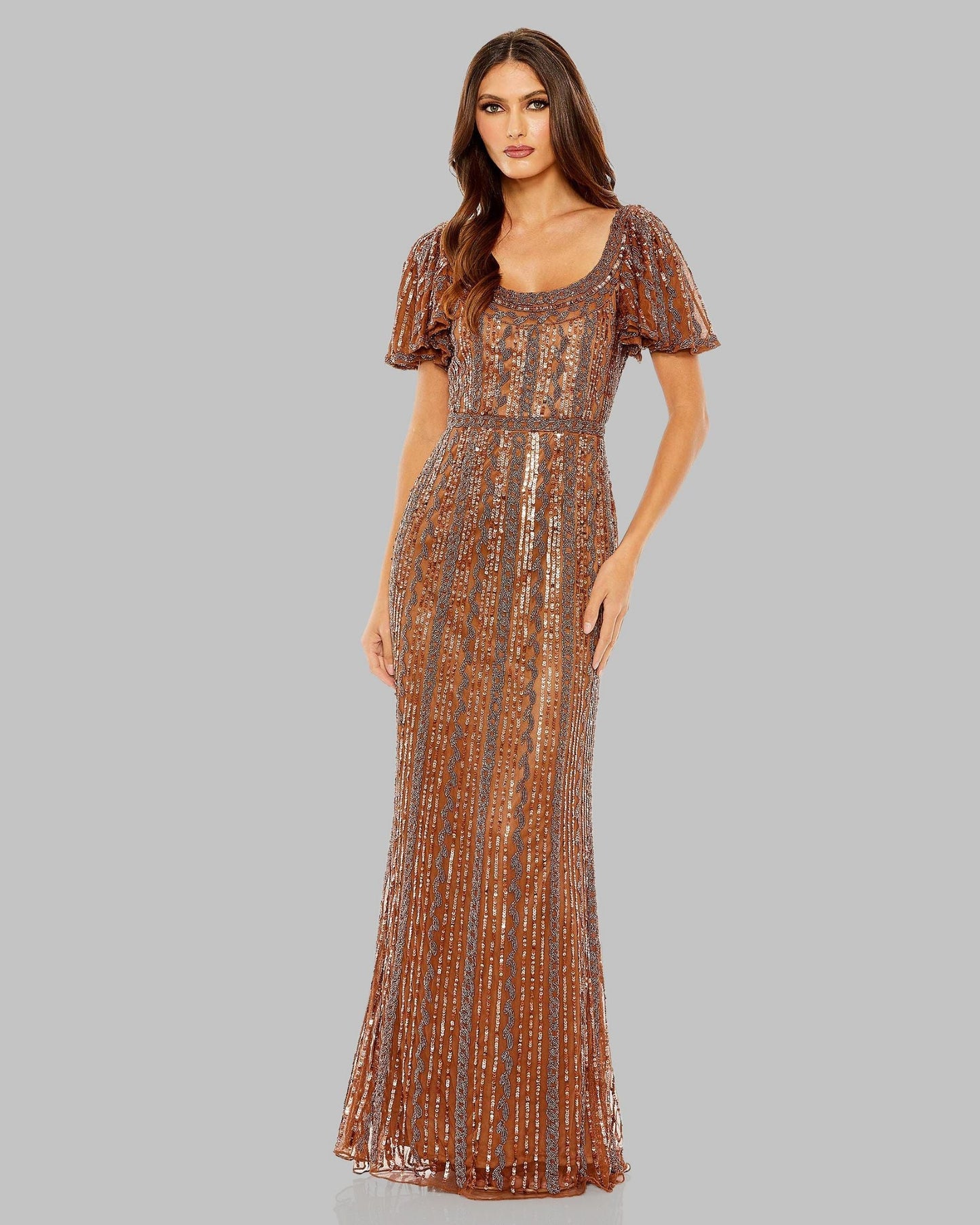 Brown Beaded Flutter Sleeve Column Gown