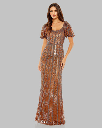 Brown Beaded Flutter Sleeve Column Gown