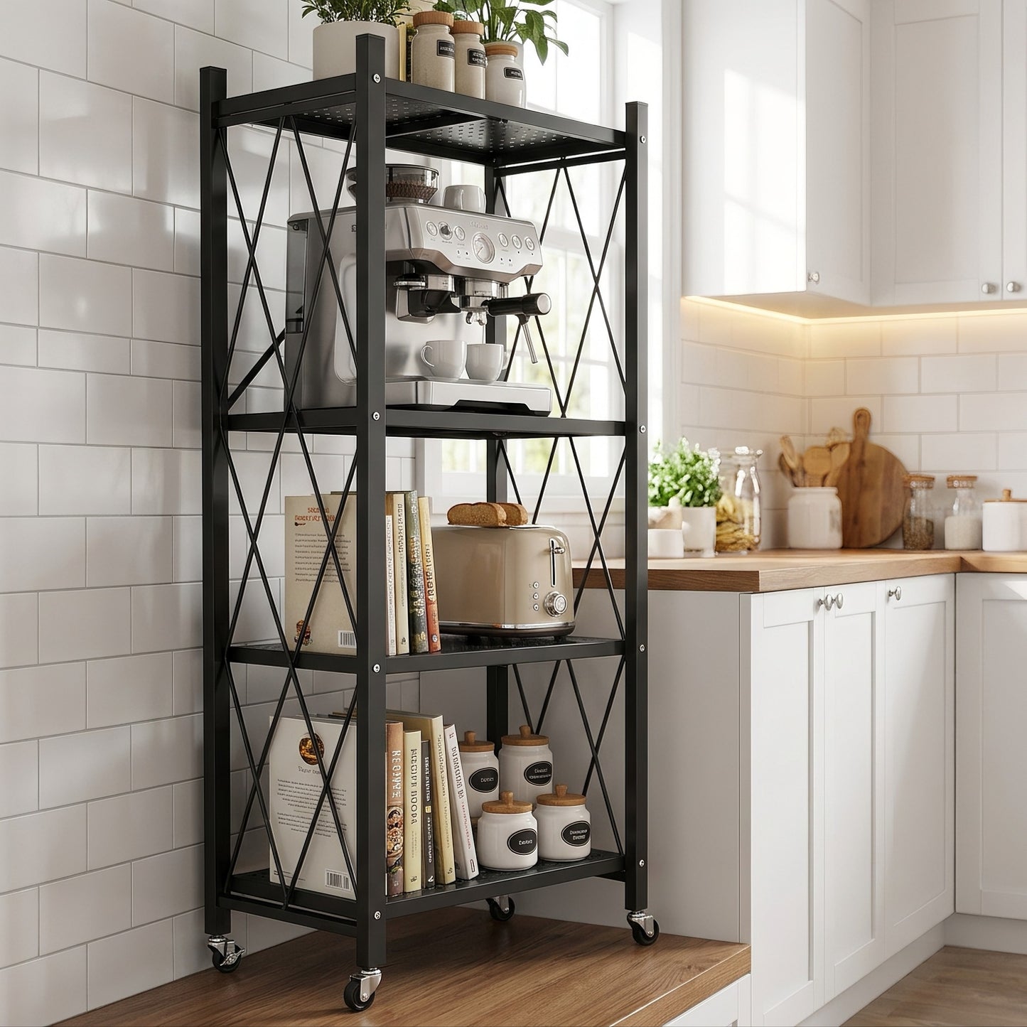 Space‑Saving Foldable Metal Shelving Unit, Freestanding Storage Rack with Lockable Rolling Casters