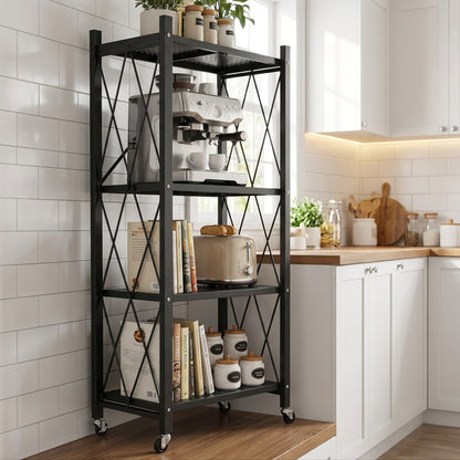 Space‑Saving Foldable Metal Shelving Unit, Freestanding Storage Rack with Lockable Rolling Casters
