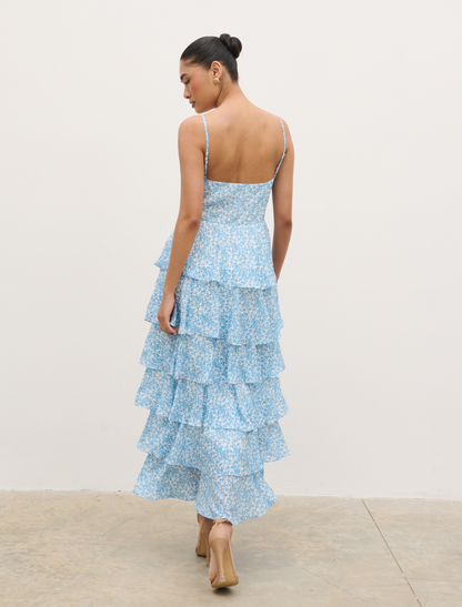 Lissy Ruffle Midaxi Dress - Blue Abstract