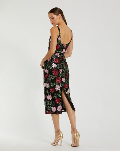 Black Floral Beaded Scoop Neck Midi Dress