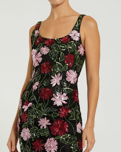 Black Floral Beaded Scoop Neck Midi Dress