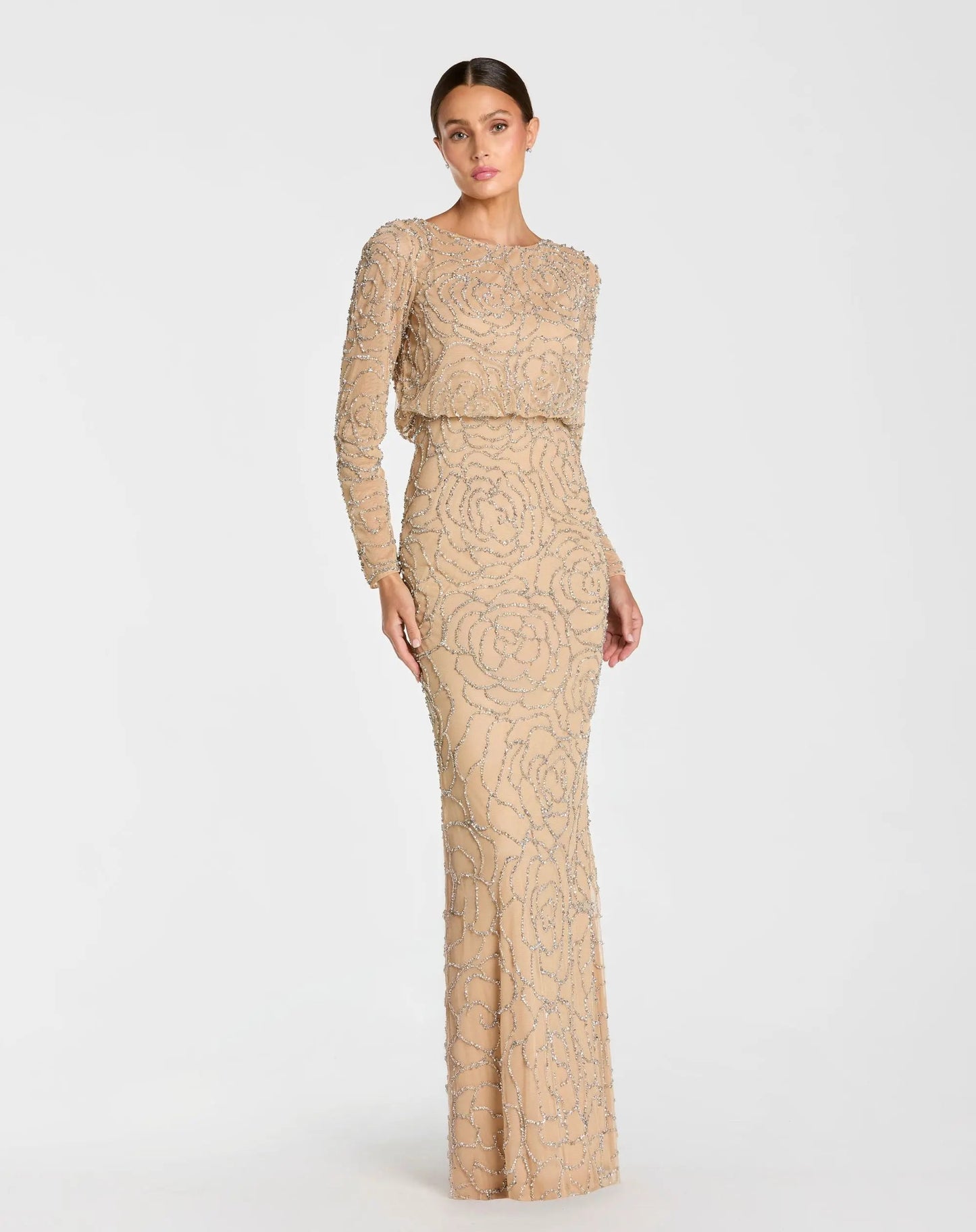 Beige Long Sleeve Beaded Blouson Gown