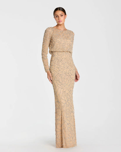 Beige Long Sleeve Beaded Blouson Gown