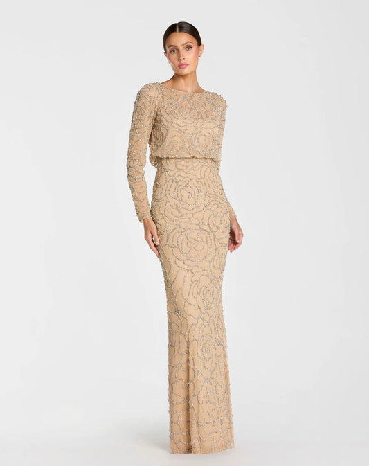 Beige Long Sleeve Beaded Blouson Gown